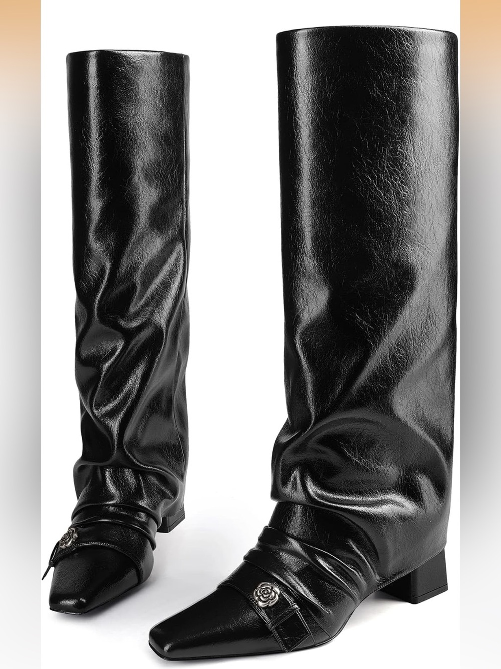 Women's Black Knee-High Slouchy Heeled Boots with Rose Accent